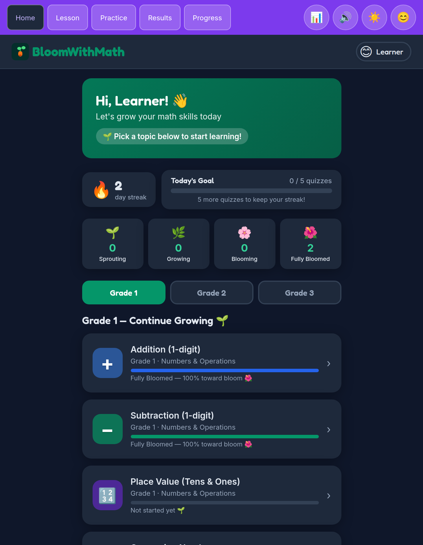 BloomWithMath home screen (dark mode) — same layout as the light version, dark background.