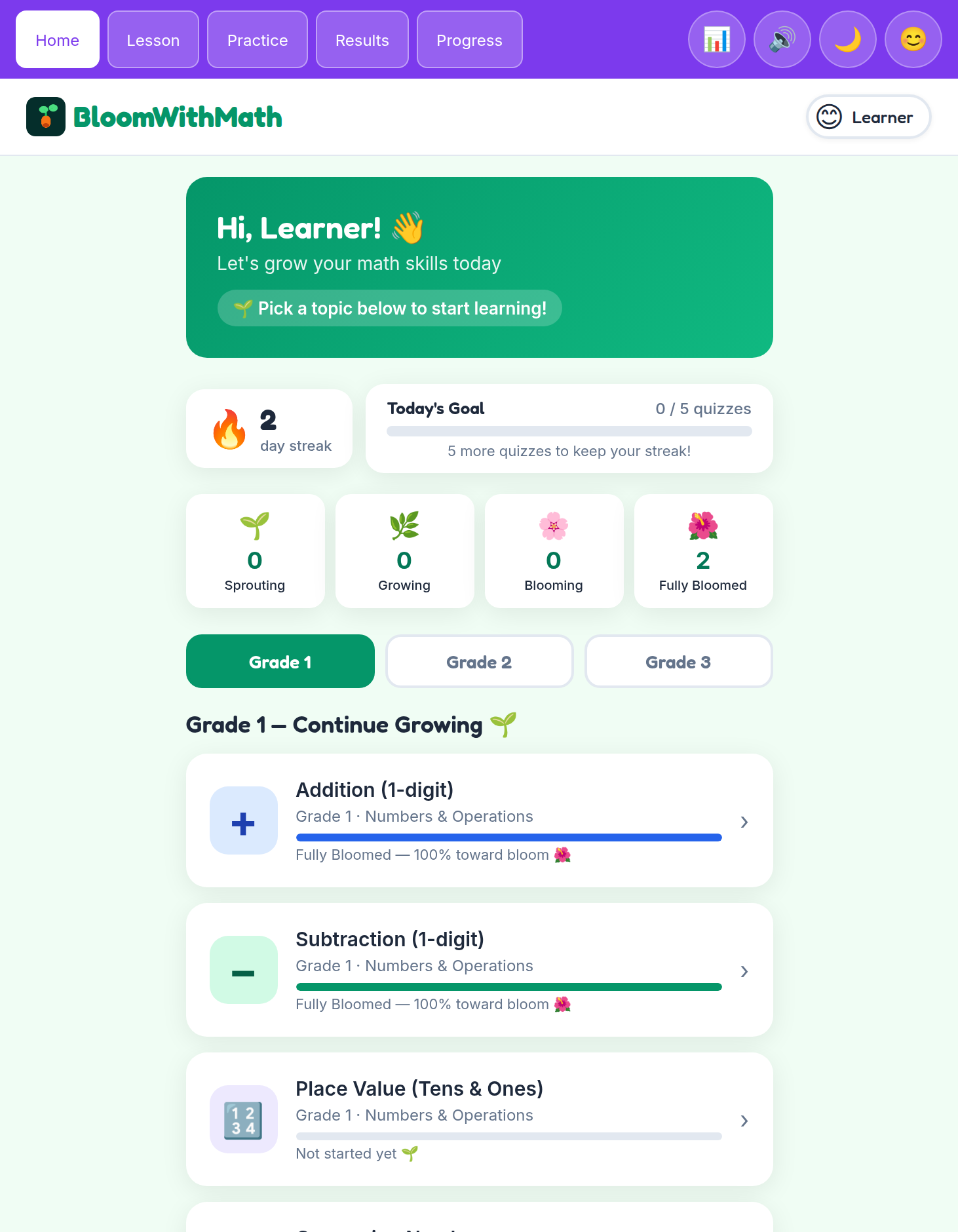 BloomWithMath home screen (light mode) — Hi, Learner welcome card, day-streak, Today's Goal, and Grade 1 topic cards for Addition, Subtraction, and Place Value.